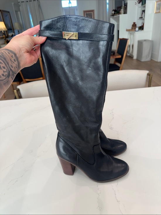 Tommy Hilfiger Shoes - Tommy Hilfiger Black Leather Knee-High Heeled Boots with Gold Accent